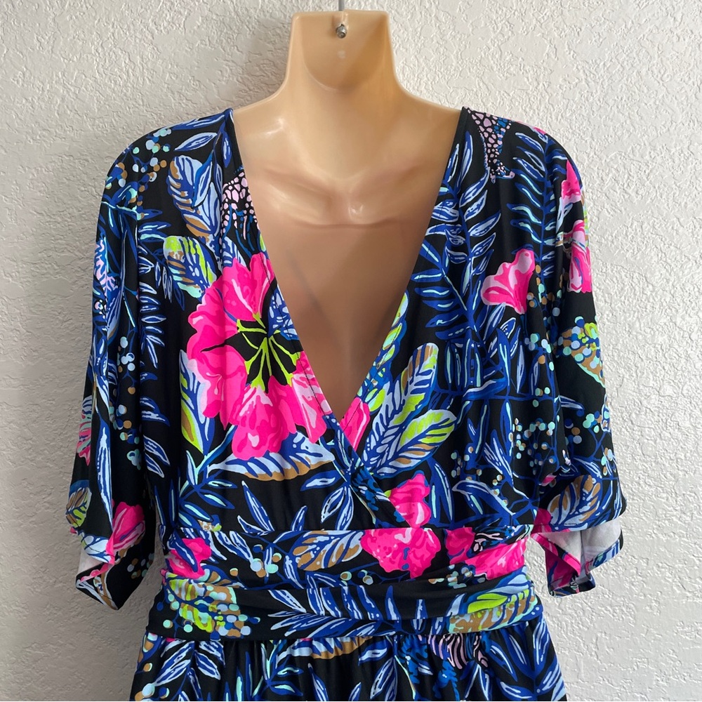 Lilly Pulitzer Parigi Meridian Vibrant Black Floral Midi Dress SMALL Kimono Slit - Picture 5 of 9